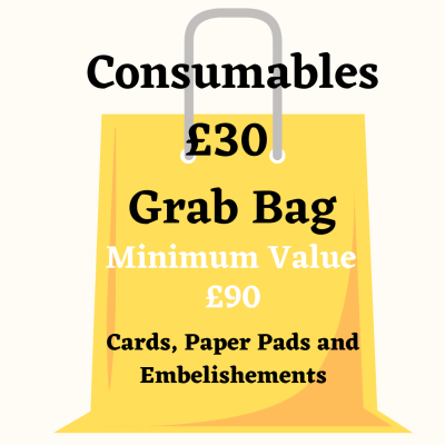 bargain bag of craft consumables including card, envelopes, patterned paper, washi tape, mixed media, inks and other embelishments

