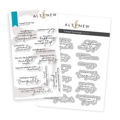 Altenew Tranquil Greetings Stamp and Die Set for creating sentiments for cardmaking and scrapbooking