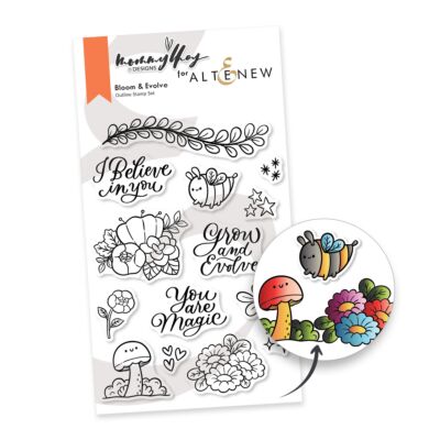 Altenew Bloom and Evolve Stamp featuring flowers a bee and sentiments for cardmaking