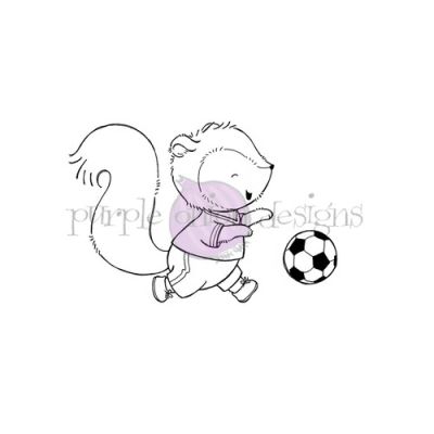 purple onion designs Stacey Yacula Amongst the Pines Collection Bandit squirrel playing soccer unmounted red rubber stamp    Exclusive to Seven Hills Crafts in the UK