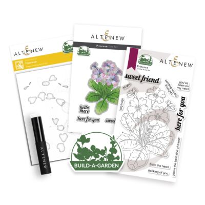 Altenew Build-A-Garden Primrose Stamp, Die and Stencil Kit with brush featuring a primrose flower and some friendship sentiments