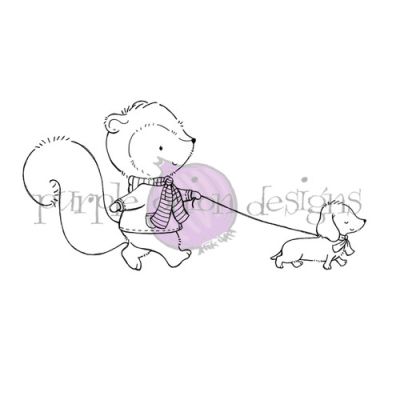 Butterscotch & Doxie (Squirrel Walking Dog) unmounted rubber stamp by Stacey Yacula for Purple Onion Designs.  Exclusive in the UK to Seven Hills Crafts