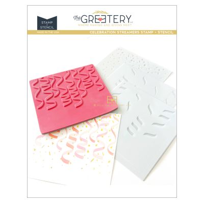 Celebration Streamers Stamp & Stencil by The Greetery, Confetti Encore Collection, UK Exclusive Stockist, Seven Hills Crafts 5 star rated for customer service, speed of delivery and value