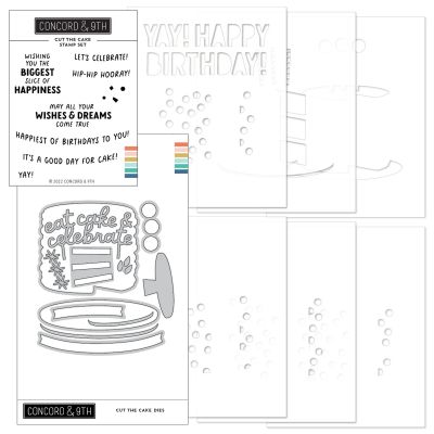 Concord and 9th Cut the Cake Stamp, Die and Stencil Collection includes a stamp, set of dies and 6 stencils to create cake themed birthday cards