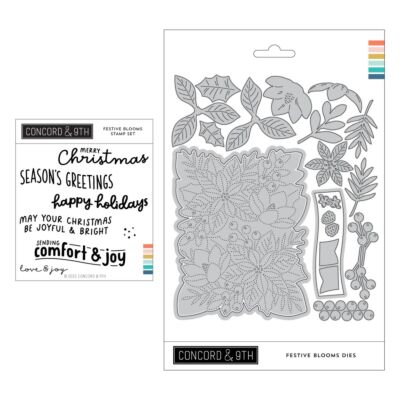 Concord and 9th Festive Blooms Stamp and Die Set for creating stunning layerd floral die cut cards for Christmas with festive sentiments