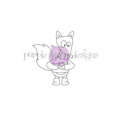 Mocha the fox holding a mug unmounted rubber stamp by Shari Bresciani for Purple Onion Designs.  Exclusive in the UK to Seven Hills Crafts  Christmas crafting