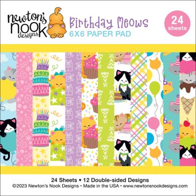 birthday meows paper pad by Newtons Nook for cardmaking and paper crafts.  UK Stockist, Seven Hills Crafts
