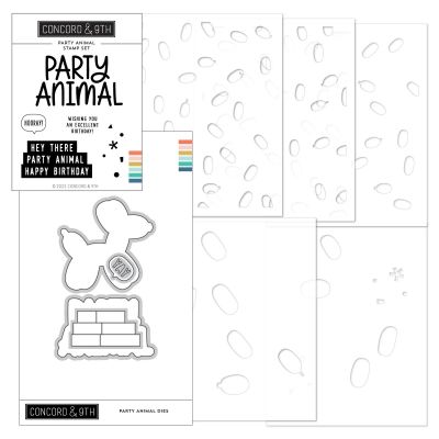 Concord and 9th Party Animal Stamp, Die and Stencil Collectionincludes a stamp, set of dies and 6 stencils to create party balloon themed birthday cards