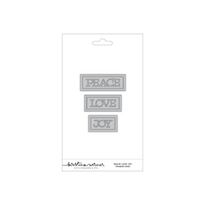 Kristina Werner Peace Love Joy Frames Dies for adding elegant sentiments to Christmas cards with or without the frames