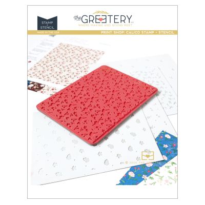 Greetery:  Printshop:  Calico Stamp & Stencil Set (1 red rubber stamp, 4 stencils)