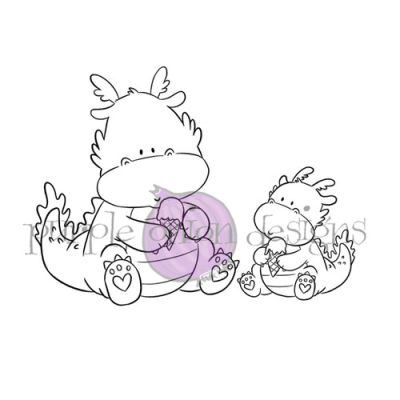 Purple Onion Designs Chilliezgraphy by Pei: Ice Cream Time Dragons unmounted red rubber stamp - 4" x 2 1/2"  Exclusive to Seven HIlls Crafts in the UK