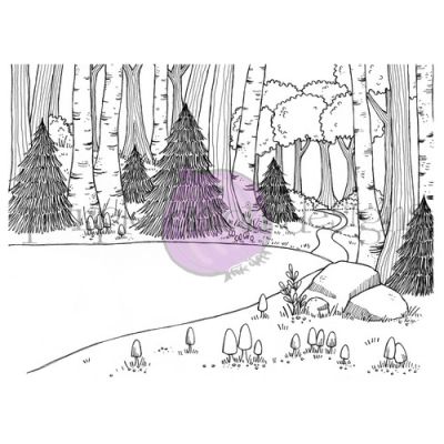 Purple Onion Designs Stacey Yacula Amongst the Pines Collection Evergreen Trail & Creek Background unmounted red rubber stamp   Exclusive to Seven Hills Crafts in the UK