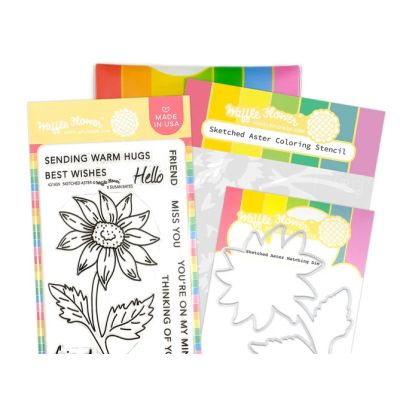 Waffle Flower Sketched Aster kit including stamp, die and stencil for card making and paper crafts