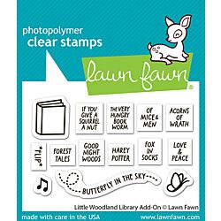 Lawn Fawn Little Woodland Library stamp, dies and stencils for creating cute book themed cards and scrapbooks