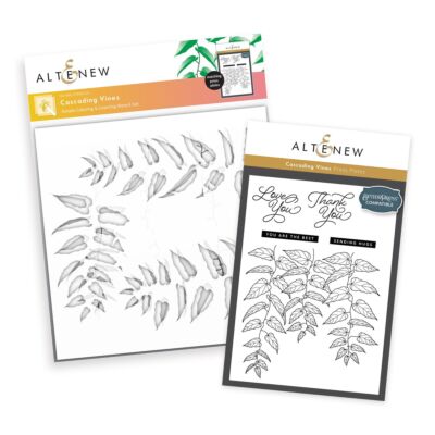 Altenew Cascading Vines Press Plate and Stencil Set for creating leave patterns with letter press or hot foil techniques for cardmaking and scrapbook layouts with matching stencils to easily apply colour