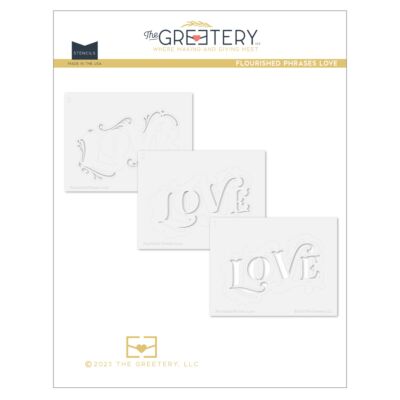 Flourished Phrases Love Stencil  by The Greetery, Love Letters P.S. Collection, UK Exclusive Stockist, Seven Hills Crafts 5 star rated for customer service, speed of delivery and value