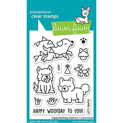 Yappy Birthday Add On Stamp by Lawn Fawn at Seven Hills Crafts UK stockist 5 star rated for customer service, speed of delivery and value