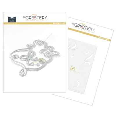 The Greetery Ribbon Frame Die and Stencil Kit.  Die to cut a delicate ribbon with a stencil to add details.  Perfect to adorn a variety of handmade cards for easter, christmas, birthdays, weddings, births and christenings