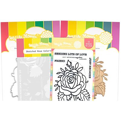 Waffle Flower Crafts stitched roses stamp, die, stencil and hot foil plate bundle for cardmaking and paper crafts.  UK Stockist, Seven Hills Crafts